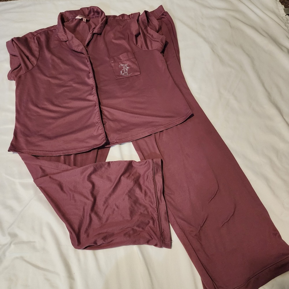 Juicy Couture Long‎ Pant Pajama Set Studded Mauve Sz L. Short Sleeve Button Up
